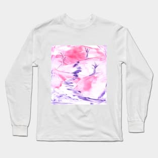 Landscape, pink, spring, nature, trees, art. Hand drawn color illustration, painting, encaustic, wax. Long Sleeve T-Shirt